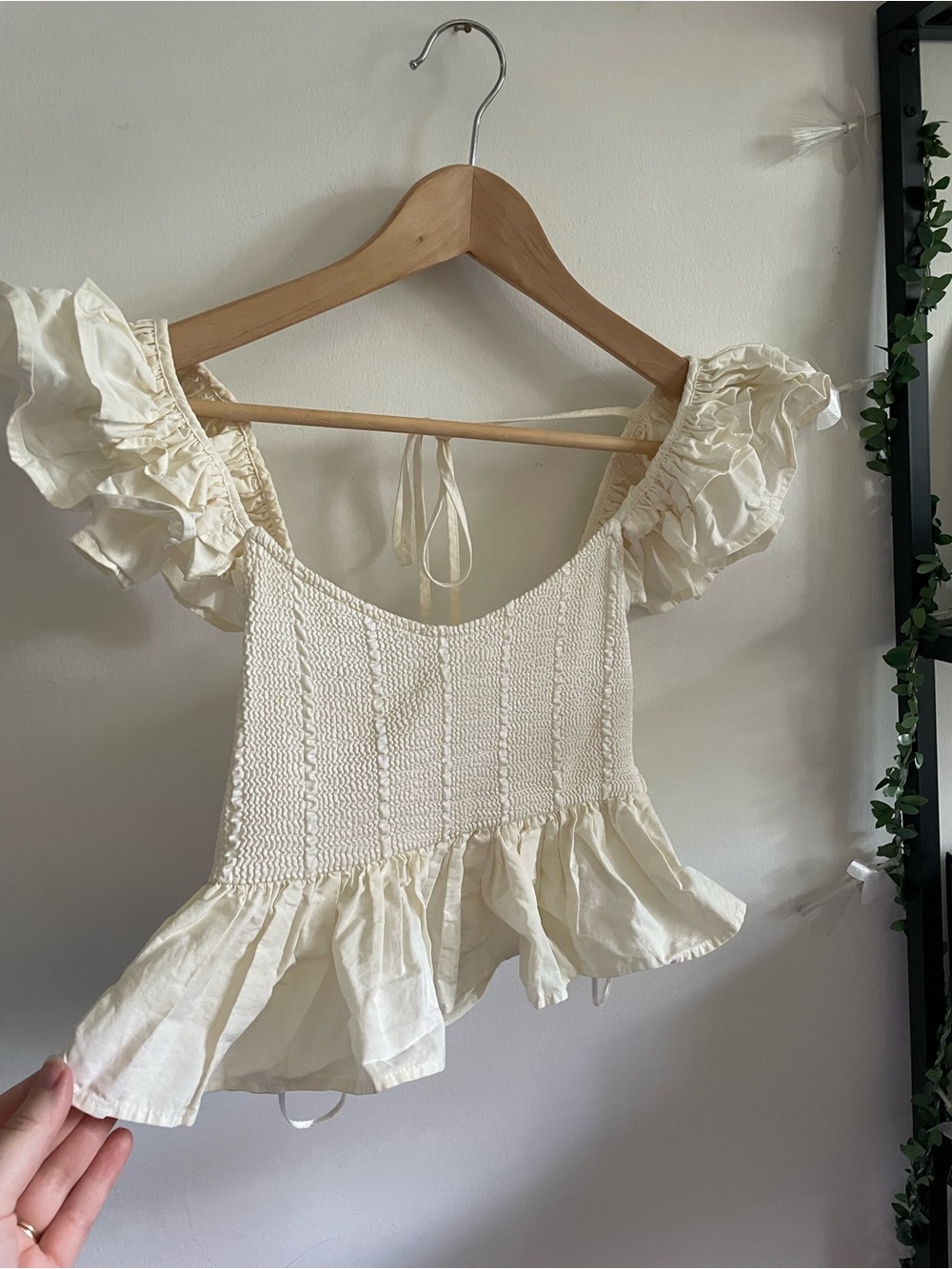 Zara Dollete Coquette Cotton Boho Fairy Soft Milkmaid Cream Smocked Ruffle Top S